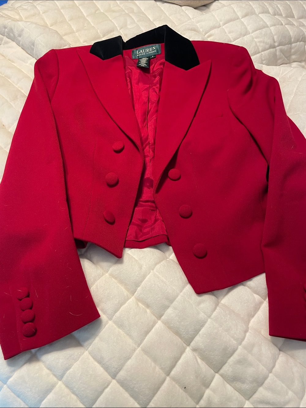 Lauren Ralph Lauren Red riding Cropped Blazer with Black Collar - Picture 2 of 7